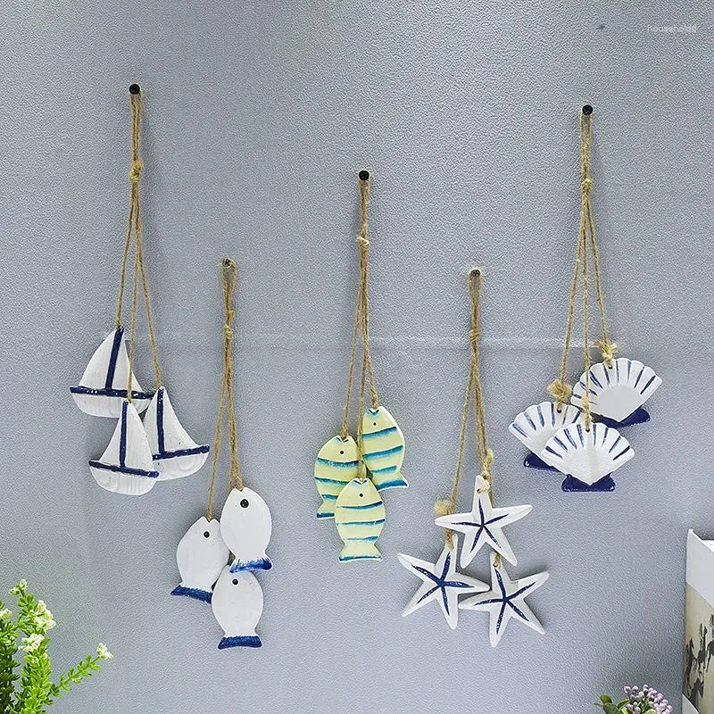 Estatuetas decorativas oceano azul pingente pequeno de madeira estilo mediterrâneo acessórios para casa artesanato estrela do mar vieira rede de peixes pequena pendurada