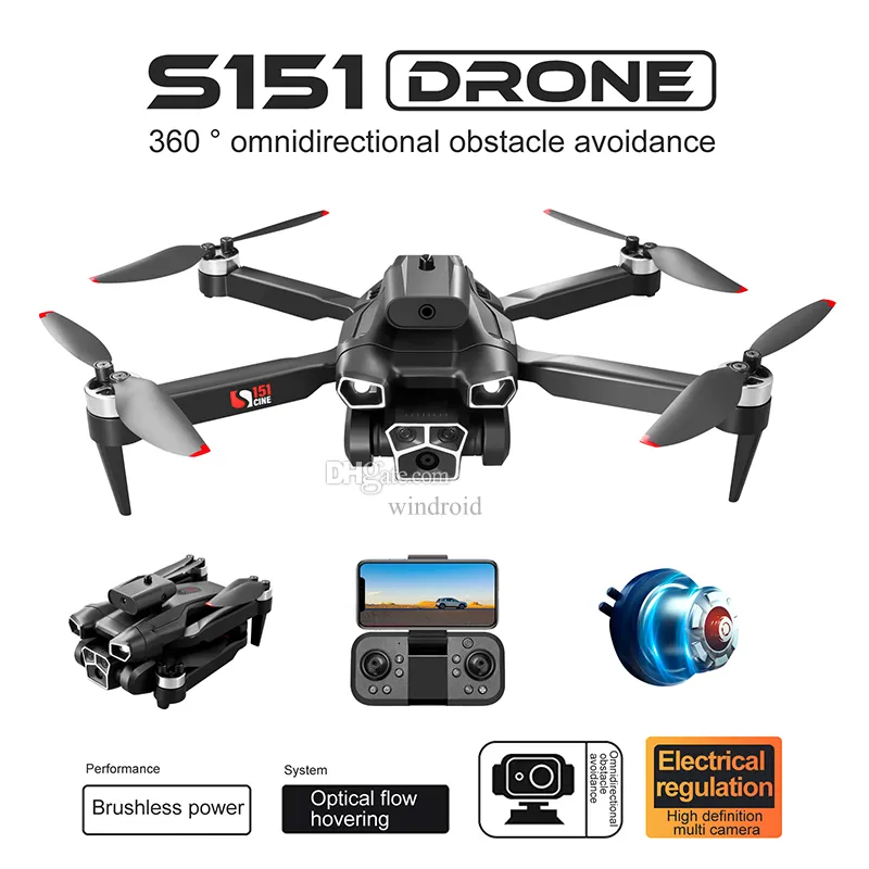 S151 Drone Brushless Motor UAV Optical Flow 8K HD Dual Camera Foldbar Quadcopter Hinder Undvikande ESC WiFi Dron RC Toys With LED Light