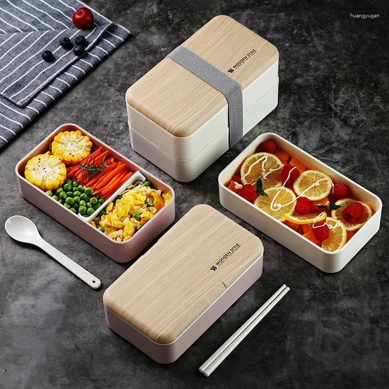 Dinnerware Microwave Double Layer Lunch Box 1200ml Wooden Feeling Salad Bento BPA Free Portable Container Workers Student