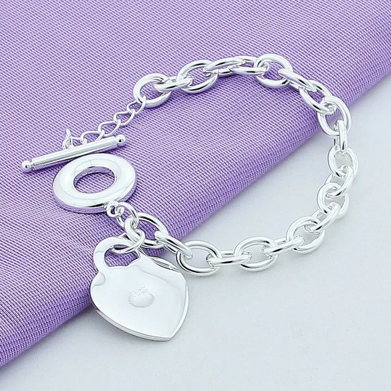 925 Stamped Brand Designer Bracelets for Women T O Heart Clasp Sterling Silver Girls Lady Charms Jewelry Fashion Link Chain Bangle