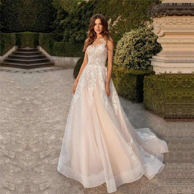 2024 Elegant Long sexy A line Wedding Dresses Sheer Crew Neck Lace Appliques Beaded Vestios De Novia Bridal Gowns lace up elegant tulle sweep train boho beach wed dress