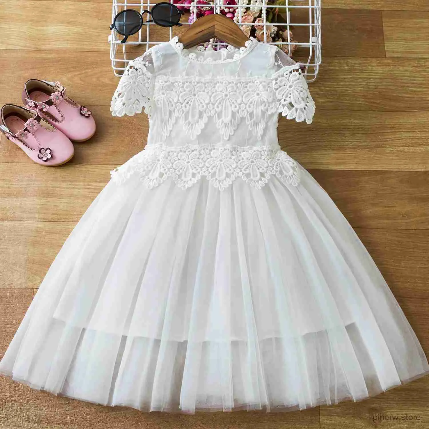 Girl's Dresses Little Girl New Floral Lace Dress Girl Gray Hollow Flower Tulle Clothes Cute Girl Birthday Party Princess Costume Kid Maxi Dress