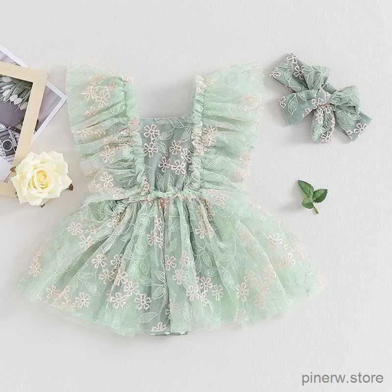 Flickas klänningar spädbarn nyfödda flickor sommar prinsessan romper klänningar grön flygande ärm blommig broderi tyllklänningar med pannband