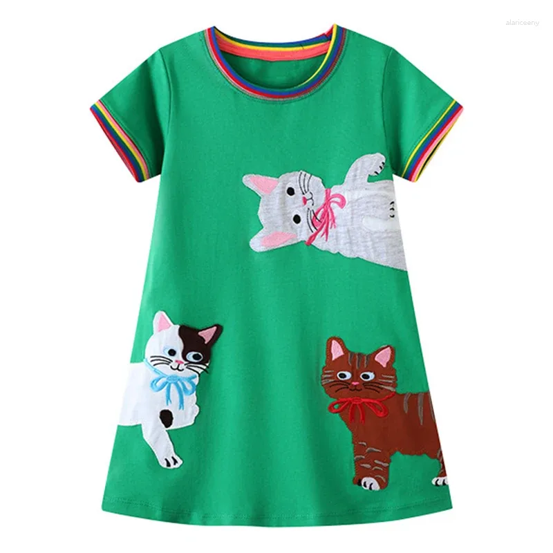 ガールドレス2024ベビーガールサマードレス素敵な猫と緑のドレスコットン半袖服2〜7歳の子供のためのカジュアルソフト