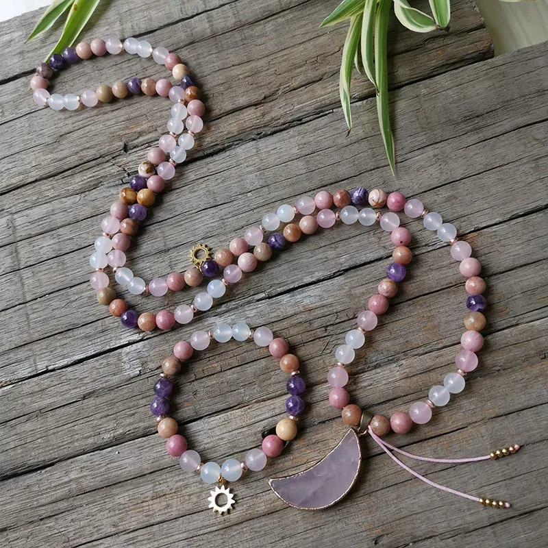 Colliers 8 mm Perles en pierre naturelle, pendentif de lune en quartz rose, soleil, rose, ensembles de japamala, bijoux spirituel, méditation, inspiration, 108 perles de mala