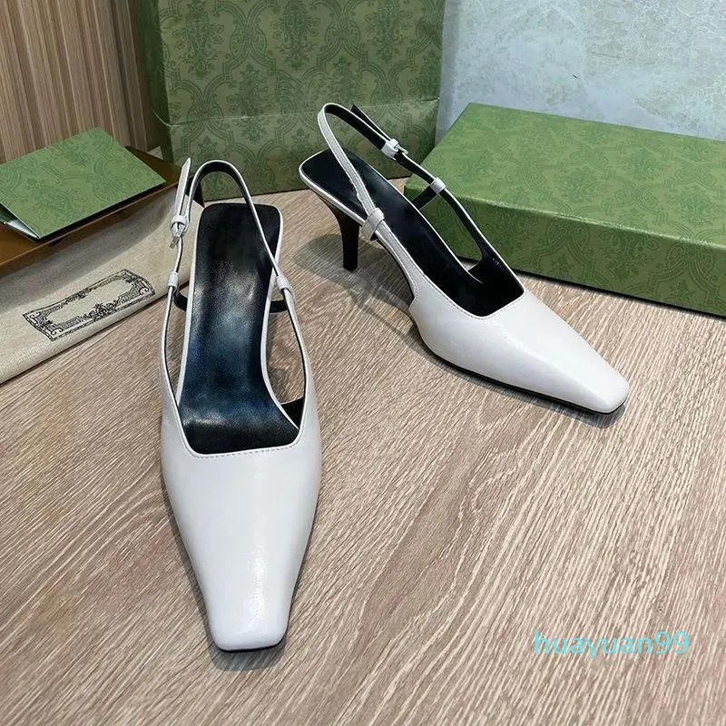 Femmes sandales de créateur de luxe en cuir authentique 7,5 cm de haut talon de haut à talons carrés de cheville à orteil carré décontracté