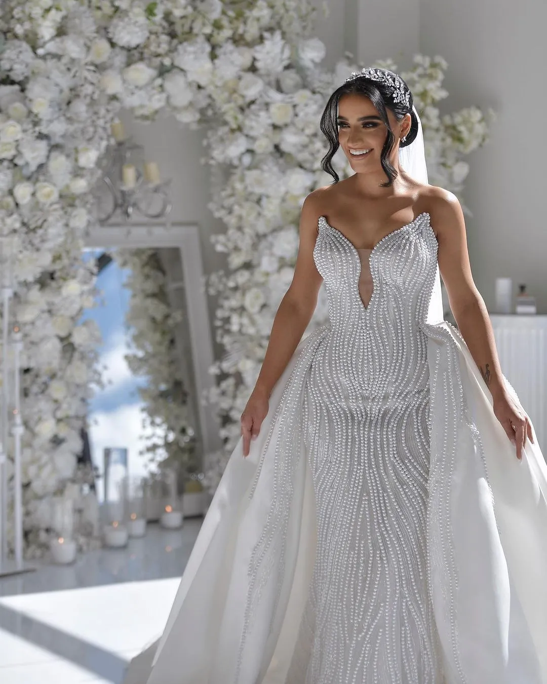 Exquisite Mermaid Wedding Dresses Sweetheart Whole Pearls Design Detachable Train Tulle Sleeveless Custom Made Plus Size Sexy Bridal Gown Vestidos De Novia
