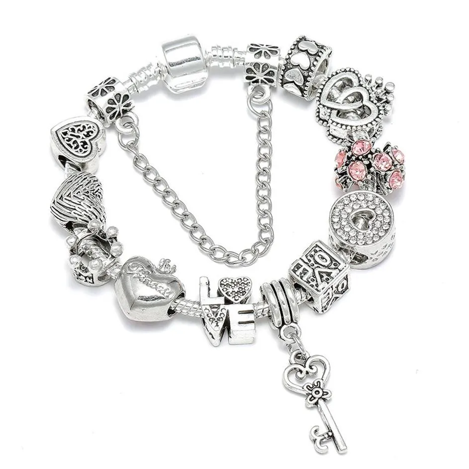 Silber Überzogene Herz Schlüssel Anhänger Charme Armbänder Für Frauen Original Mädchen Prinzessin Krone Perlen Armband Frau Jewelry235a