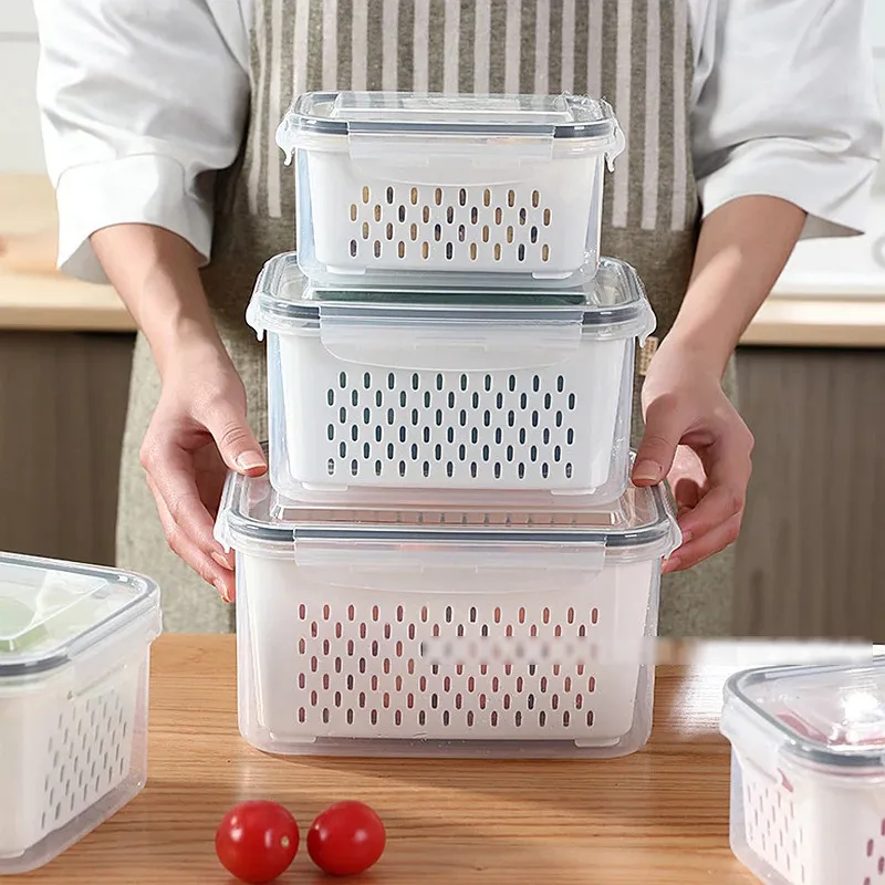 Boîte de rangement pour réfrigérateur, boîtes de fruits et légumes frais, panier de vidange, conteneurs avec couvercle, organisateur d'outils de cuisine 240125