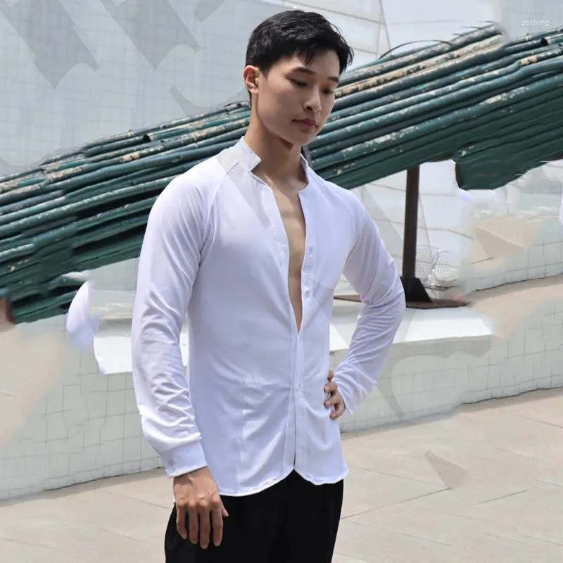 Stage Wear 2024 Men Latin Dance Practice Clothes White Stand Collar Shirts Adult Chacha Rumba Tango Dress Performance DQS15441