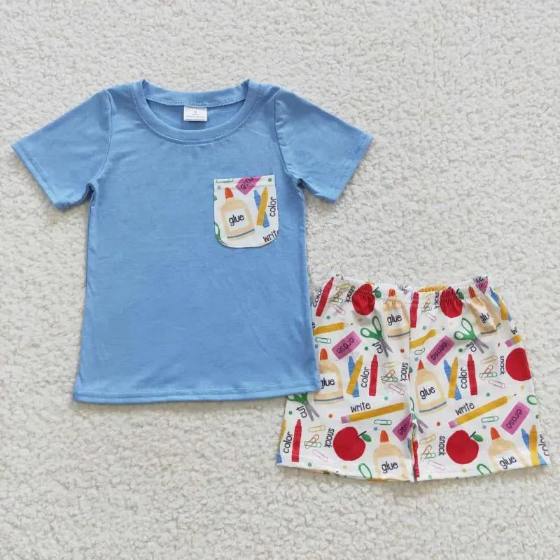 Kleidungssets Großhandel Sommer Kleinkind Kinder Zurück zur Schule Outfit Kinder Kurzarm Blau Taschenhemd Tops Bleistift Shorts Baby Boy Set