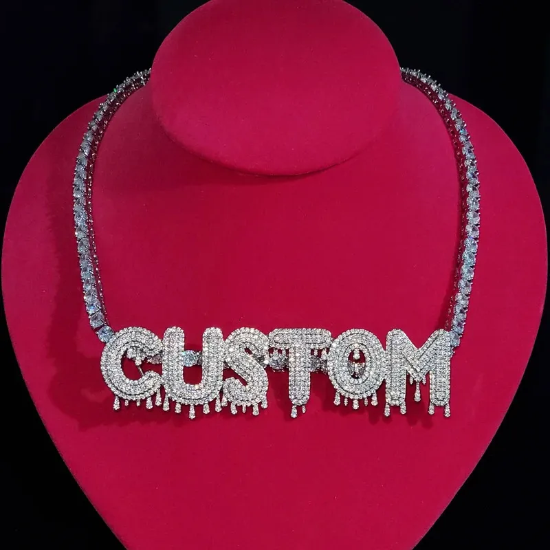 Ожерелье Drippy Name по индивидуальному заказу, медь с подвеской из циркона и теннисной цепочкой, ювелирные изделия в стиле хип-хоп 240125
