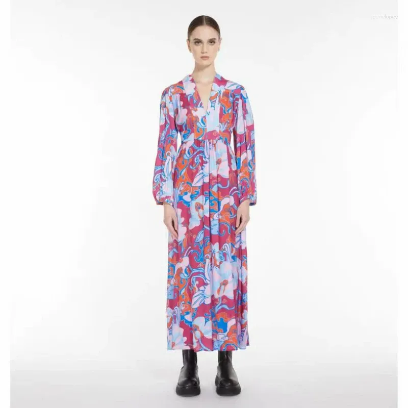 Casual Dresses Women Autumn and Winter Printed Elegant High-End V-Neck Mid-Längd Dress