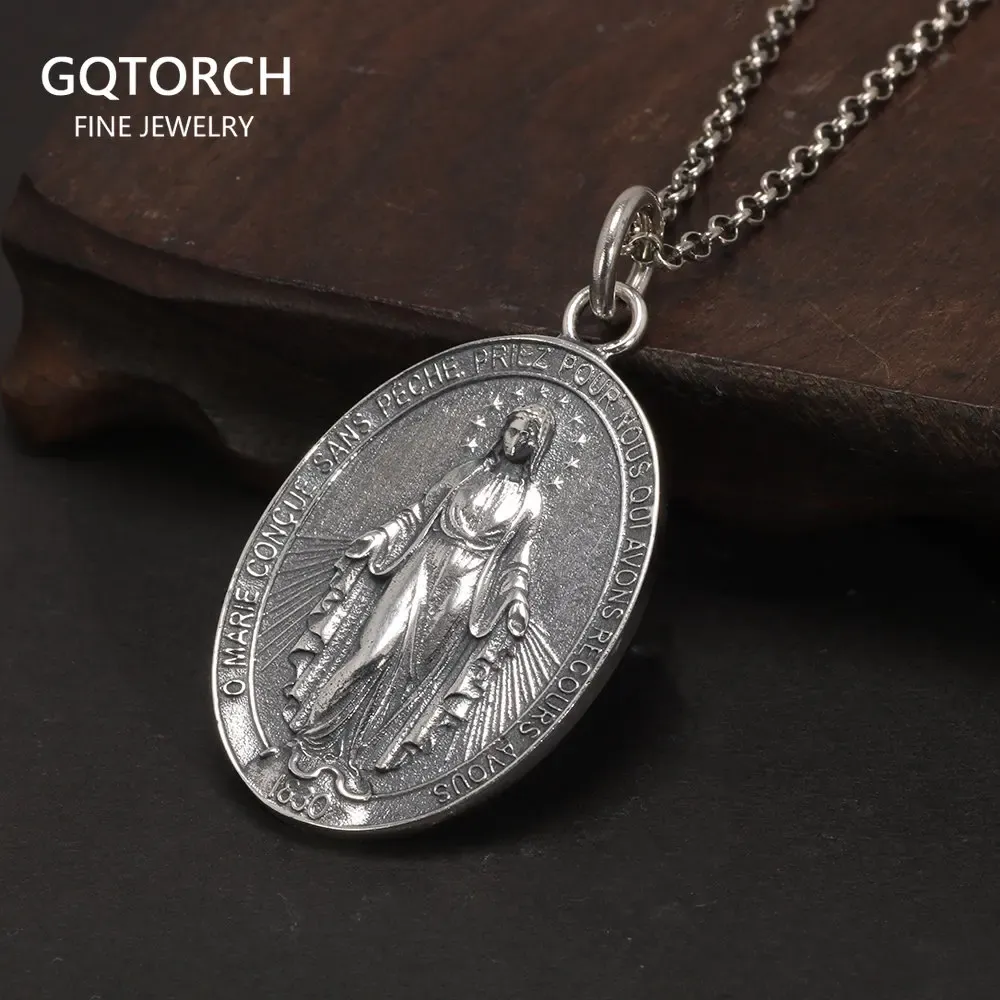 Pendants S925 Sterling Silver Virgin Mary Pendant for Men and Women Vintage Cross Oval Design Necklace Pendant Christian Jewelry