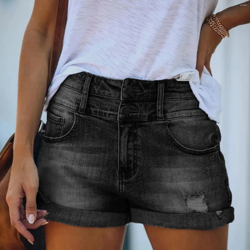 Kvinnors jeans jean hög midja shorts hål denim trendiga stretch byxor kvinnor curling ropa de mujer