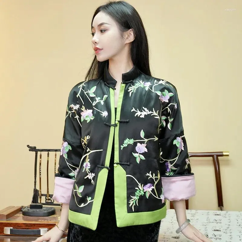 Etnische kleding Hoogwaardige winter Chinese stijl Opstaande kraag Single Breasted Top Acetaatstof Geborduurd katoenen damesjack S-XXL