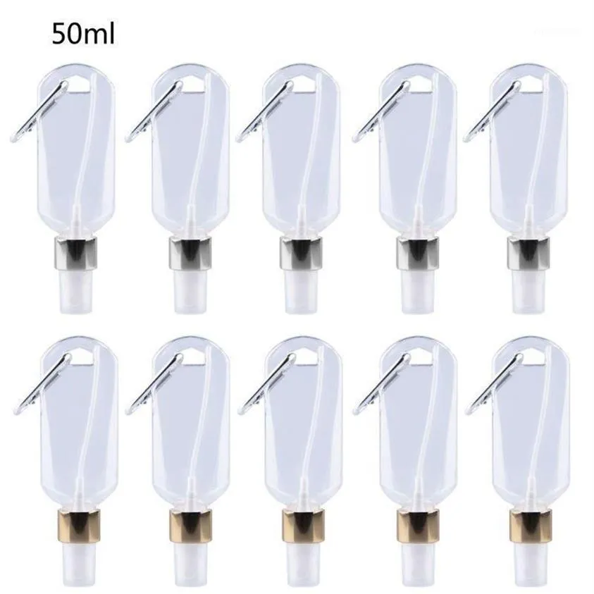 5Pcs 50ml Wiederverwendbare Tragbare Mini Alkohol Spray Flasche Hand Sanitizer Reise Kleine Halter Haken Schlüsselbund Träger Bottles1241r