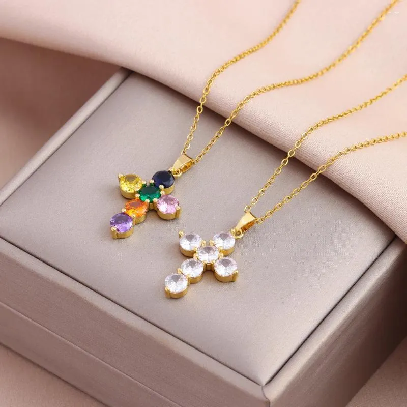 Pendant Necklaces Sparkly Zircon Crystal Cross For Women Female Daily Wear Stainless Steel Clavicle Chain Jewelry Wholesale