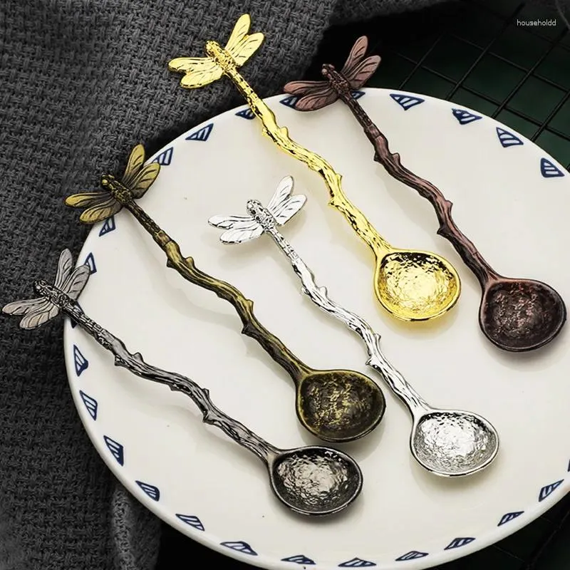 Кофейные ложки, винтажные чайные ложки, металлическая ложка для мороженого, десертная ложка в стиле ретро, ветки стрекозы, форма листьев, кухонные инструменты для смешивания