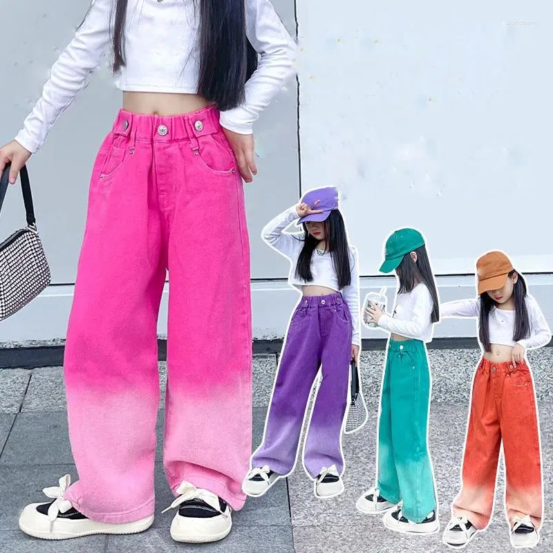 Calças para meninas calças primavera outono roupas infantis jeans médio grande moda hip-hop gradiente casual perna larga