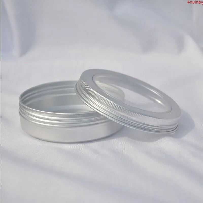 100 g 100 ml plata vacía latas de aluminio botella con tapas de ventana tragaluz caja cosmética crema té redondo jarhigh calidad sdmqn