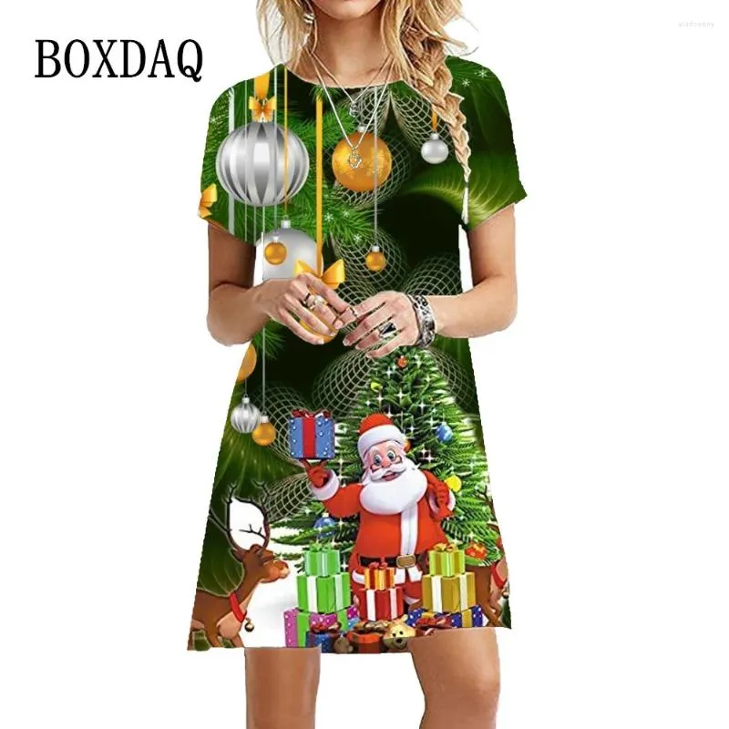 Casual Kleider Santa Claus Drucken Für Frauen 2024 Jahr Kurzarm Oansatz Mini Kleid Übergroßen Damen Weihnachten Party Vestidos