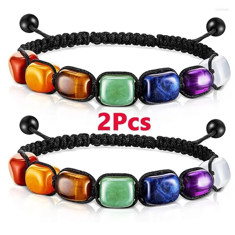 Strang 2 Stück 7 Chakra Reiki Heilkristall Stretch-Armbänder Edelstein Yoga anpassen geflochtenes Seil Perlenarmband für Frauen Mädchen226t