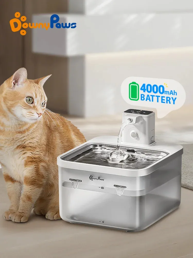 DownyPaws 2.5L Automatic Stainless Steel Cat Water Fountain 4000mAh Wireless Pet Drinker Battery Sensor 2 in 1 Dispenser 240124