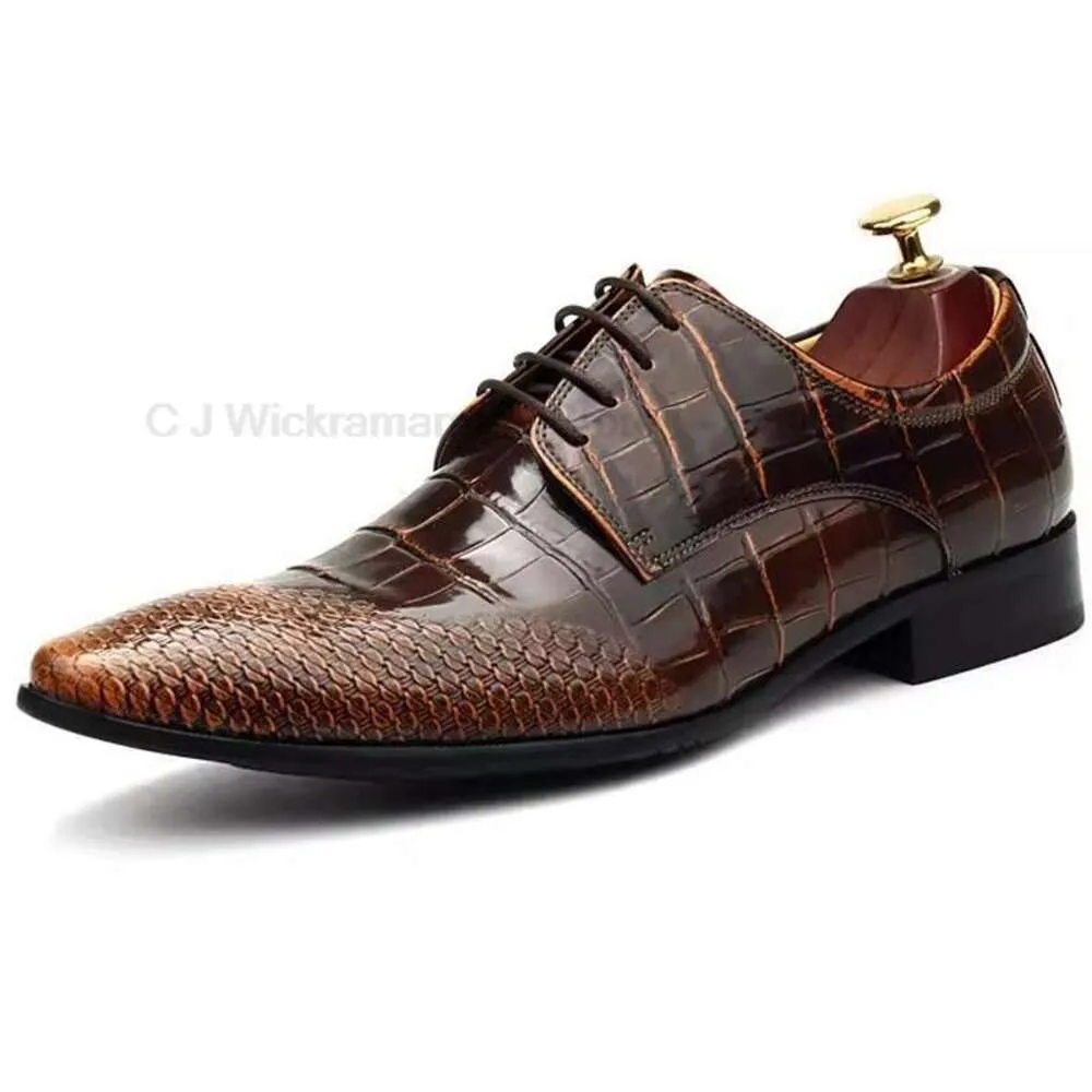 Italian Mens Dress Shoes Genuine Leather Male Pointed Tip Wedding Party Oxfords Crocodile Print Lace-up Office Formal Derby Shoe