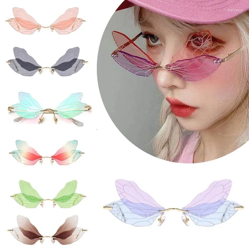 Outdoor Eyewear Butterfly Sunglasses Rimless Dragonfly Wing Women Vintage Clear Ocean Lens Men Pink Sun Glasses Shades UV400