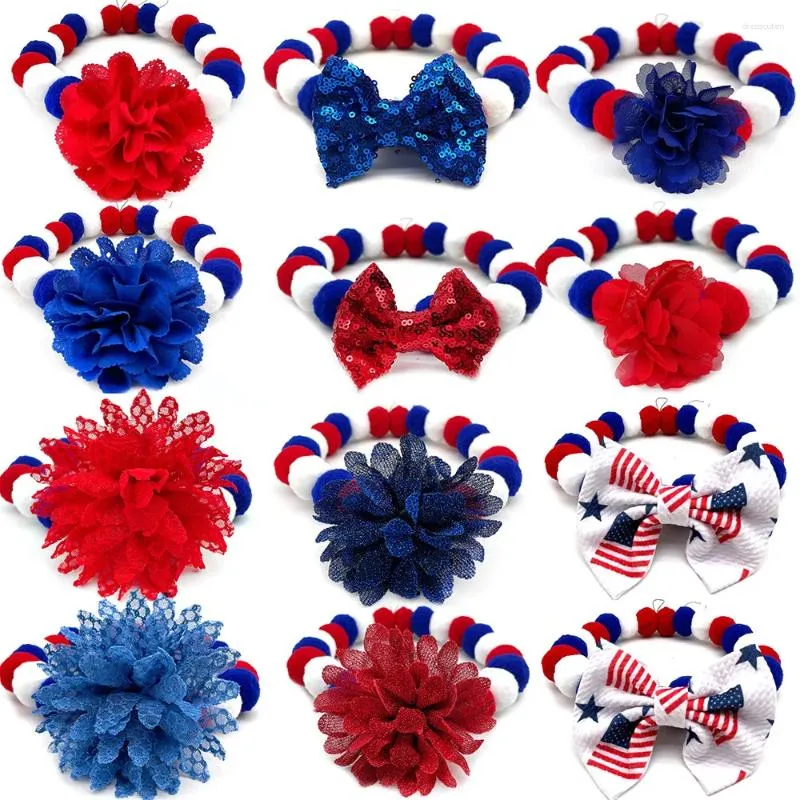 Dog Apparel 12pcs American Independence Day Pet Bow Tie Hair Ball Necklace Collar Cat Bowties Neckties Grooming Accessories