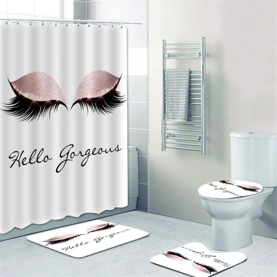 Trendy Rose Gold Eyelash Duschgardin Set Badrumsgardin med badmatta matta för toalettglitter Hello Gorgeous Decor 2011259s