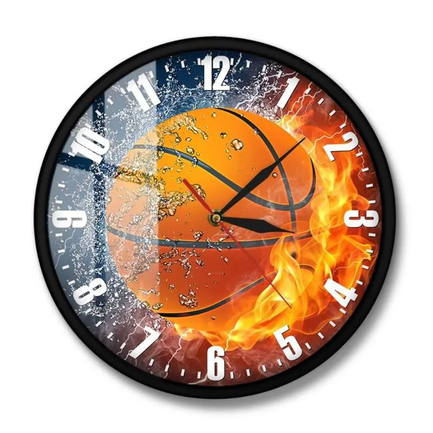 Sport Gift For Sportsmen Home Decor Boys Bedroom Frameless Wall Clock Half In Water Fire Basketball Silent Clocks236k