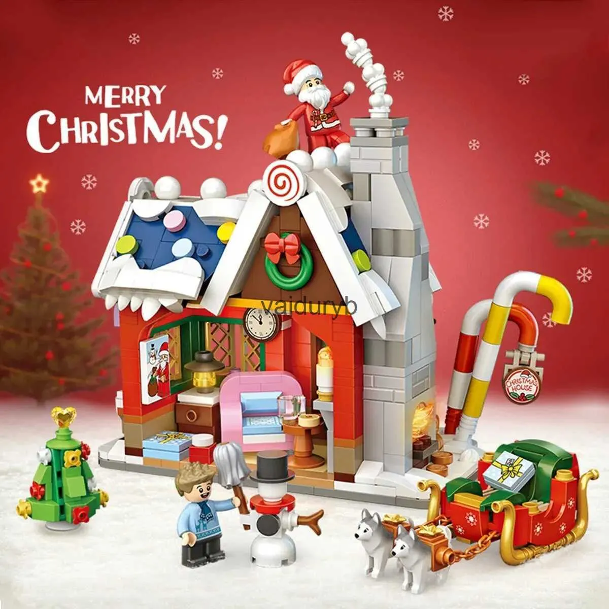 Blocs maison de noël avec père noël et traîneau, bâtiment festif, cadeau idéal pour adultes et adolescents, Thanksgiving Dayvaiduryb