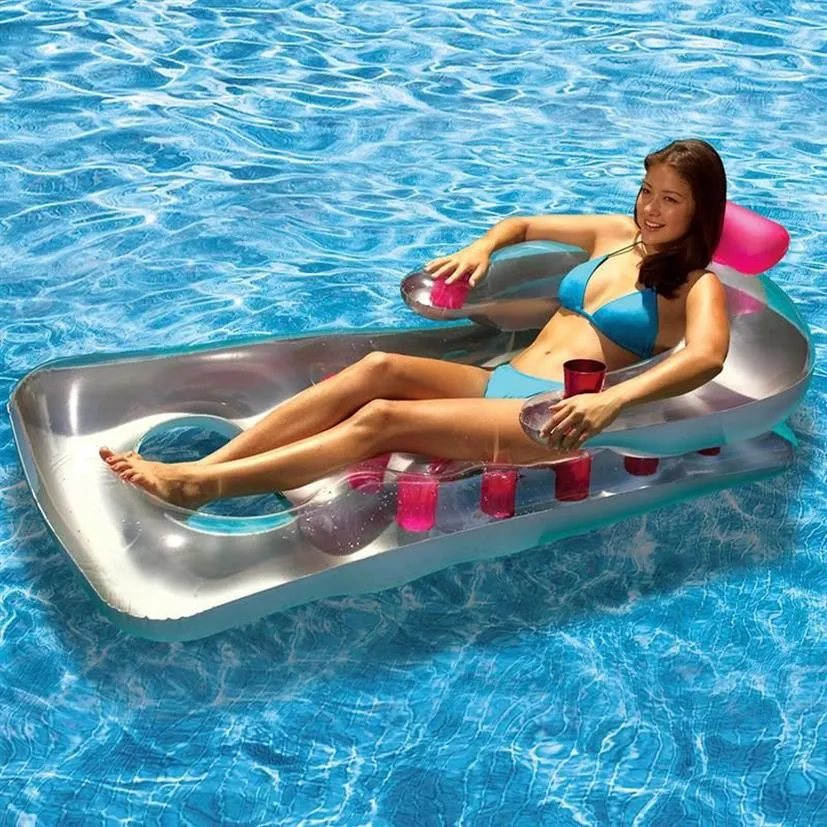 Uppblåsbara flottörrör Summer Vatten flytande radluftsmadrasser med 18 kopphållare Simning Pool Lounger Float Relax Stol Bed206U