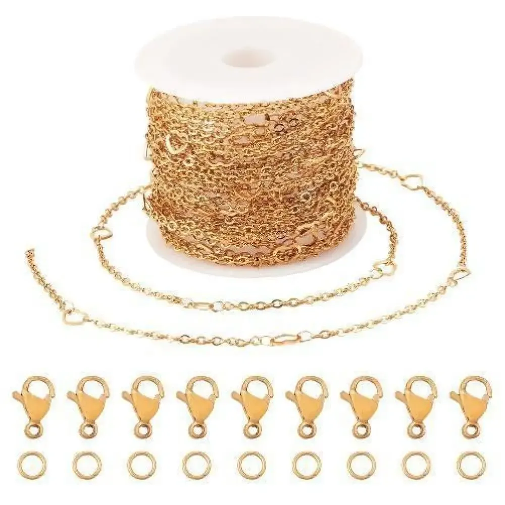 Kits DIY -kedjearmbandhalsbandssats, inklusive 304 rostfritt stål hjärtlänkkedjor CLASP Jump Rings, Real 18K Gold Plated