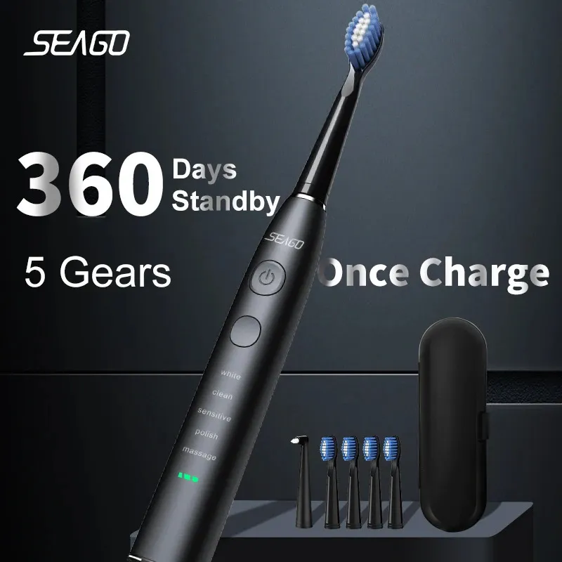 Seago Electric Sonic 칫솔 USB 충전식 성인 4 개의 교체 헤드 선물 SG-575 240127을 가진 360 일 길이의 배터리 수명