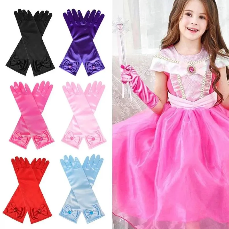 Accessoires de cheveux Gants longs pour enfants Princesse Dance Performance Stage Satin Paillettes Bow Gant Solide Doigt Complet Mitaines Cadeaux d'anniversaire