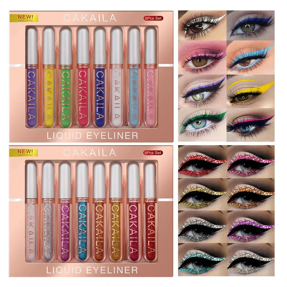 Ensemble d'eye-liner mat ou Kit de doublure pour les yeux brillant à paillettes, boîte de 8 pièces, maquillage coloré, cosmétiques pour paupières, Gel coloré liquide 240123