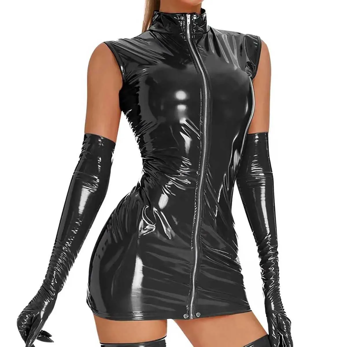 Sexy Set 5XL Women Sexy Shiny Leather Dress Erotic Zipper Open Crotch Latex Sheath Bag Hip Skirt Sexy Bottom Porn Breast Exposing Sexi