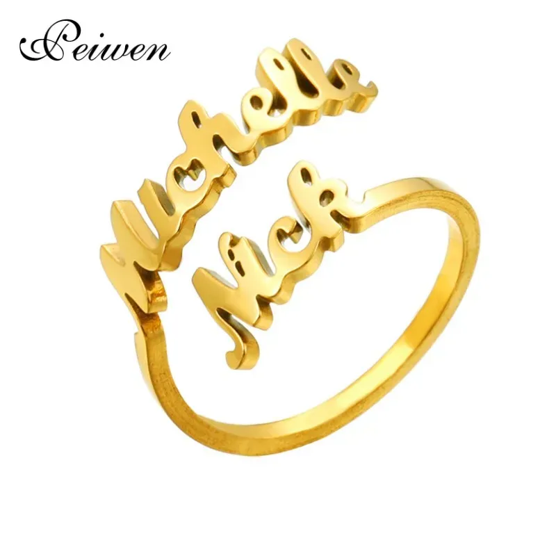 Ringen Gepersonaliseerde Aangepaste Dubbele Naam Ring voor Vrouw Mannen Liefhebbers Wedding Band Ringen Rvs Letter Ringen Naambord Sieraden Gift