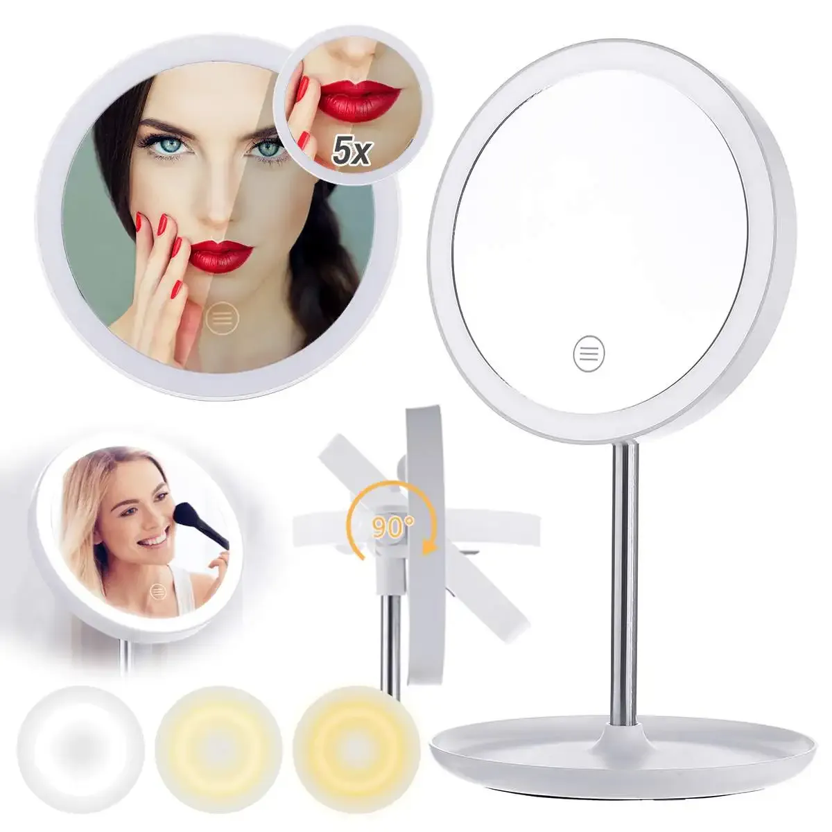 Miroirs 3 commandes tactiles de mode de couleur LED miroir de maquillage cosmétique éclairé avec lampe à loupe 5x