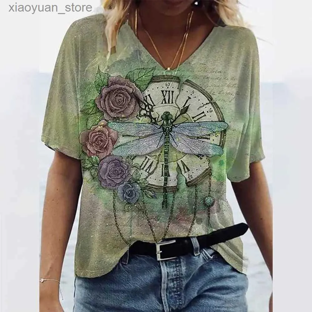 Women's T-Shirt Womens T-shirts Summer Gradient Graphics Tops V Neck Fashion Female Vintage Clothing Floral Print Tees Loose Oversized T Shirts 240130