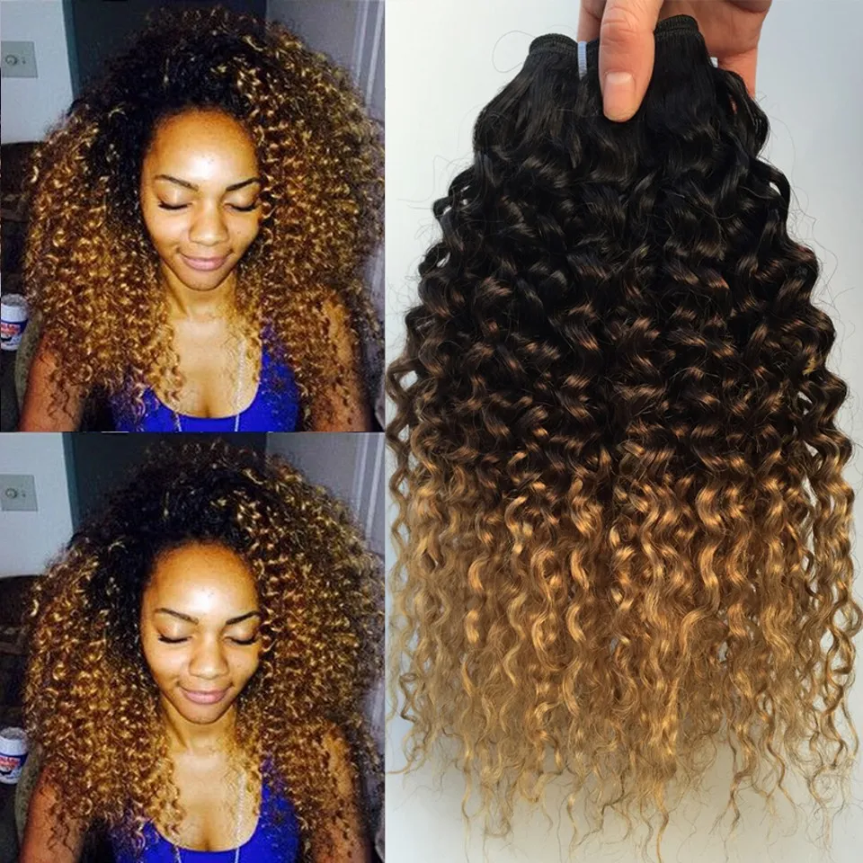 Ombre 1B/4/27 Brazilian Kinky Curly Human Remy Virgin Hair Weaves