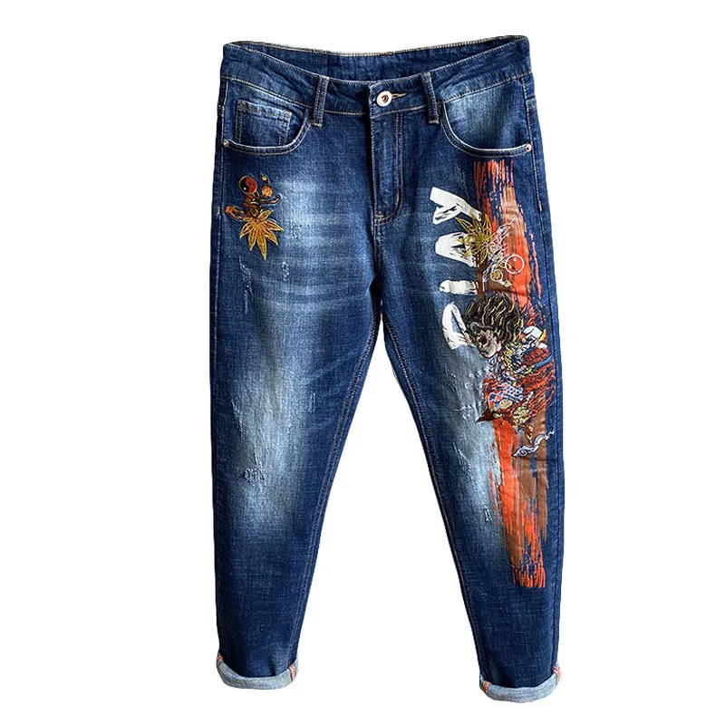 Stil Herbst zerrissene Jeans Herren schlank gerade Stretch Sticksticke Dragon Blue Denim Hosen Modetrendkleidung Kleidung