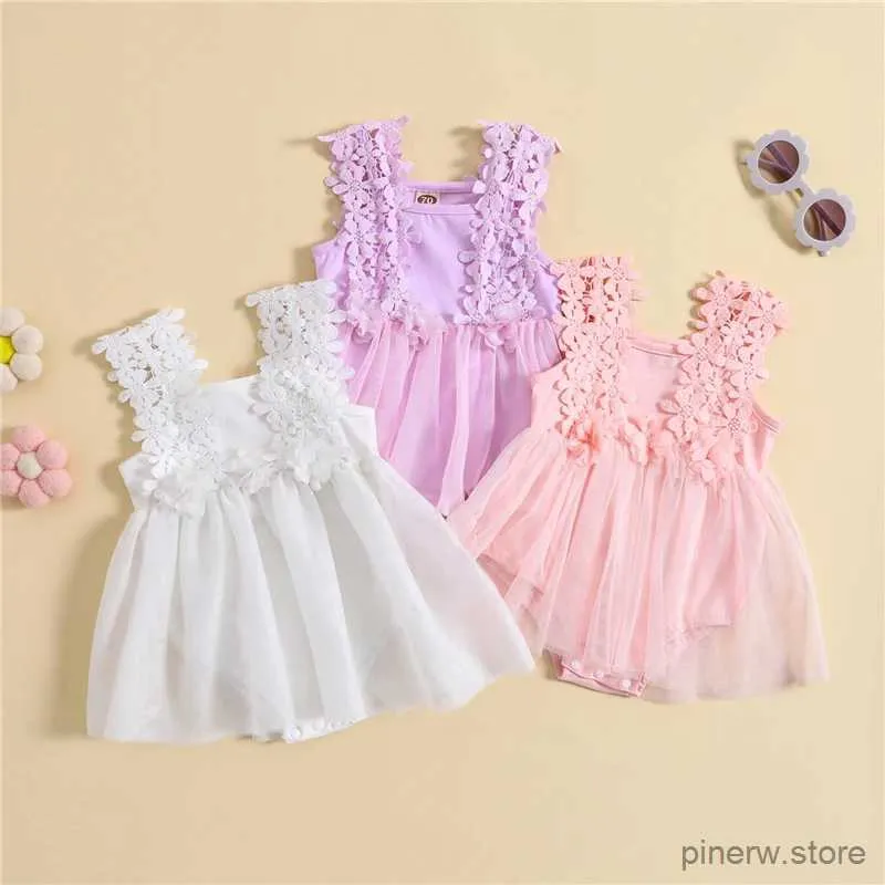 Vestidos de niña Verano Dulce Ropa de bebé Recién nacido Bebé Niñas Mamelucos Vestido Algodón Flor de encaje Sin mangas Malla Falda de tul Mono Traje 0-24M