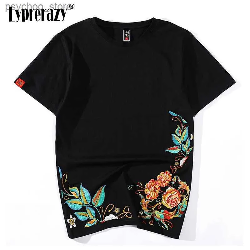 T-shirts hommes Lyprerazy Hommes Hip Hop Chinois Pivoine Brodée Fleur T-shirt Streetwear Tops Tees Harajuku Broderie Vêtements Ethniques Q240130