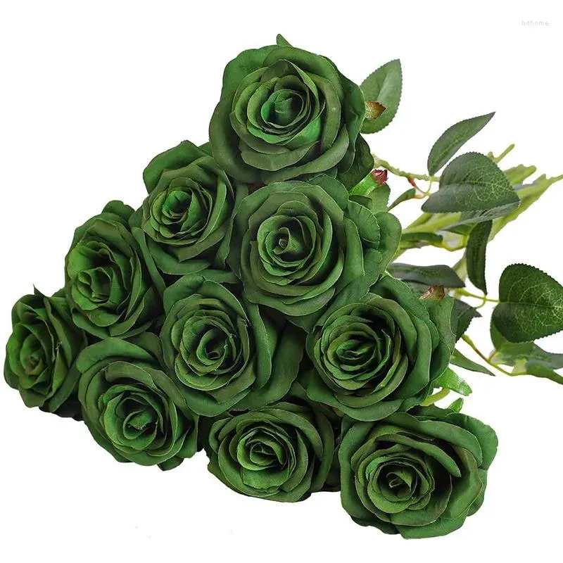 Fleurs décoratives 10 pcs/lot Rose artificielle vert foncé décor de mariage noir Halloween doré argent fleur de noël