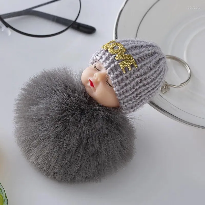 Klasyna 5pcsbaby lalka Zabawka zrzutu śpiąca łańcuchy klucza dla kobiet worka pierścień puszysty pom faux fur