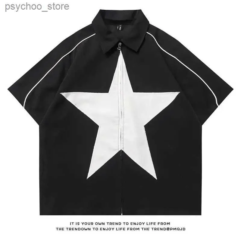 Men's T-Shirts 2023 new splicing pentagram tooling hoodies American retro couples tops men and women T shirt coat Simple style zip up hoodie Q240130